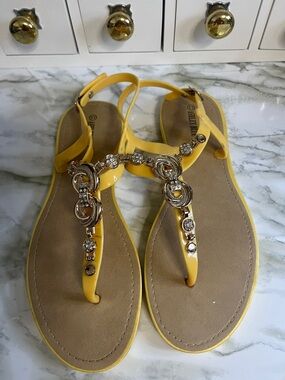 Ashley Blue Yellow Jeweled T-Strap Sling Sandals